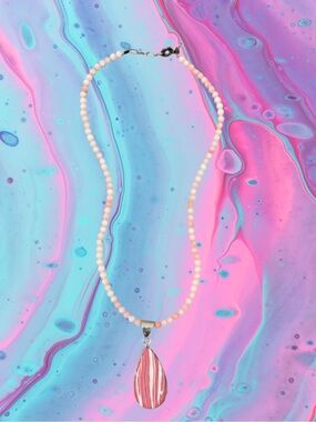 RHODOCROSITE Pink Beaded Necklace with Teardrop RHODOCROSITE Pendant